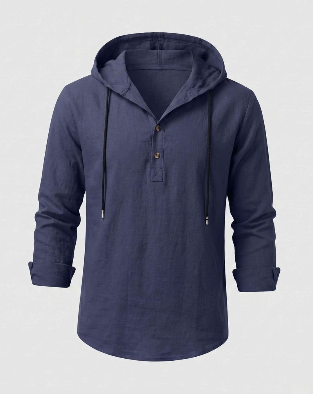 Men's Linen-Cotton Hooded Henley Shirt Relaxed Fit Long Sleeve - Navy Blue