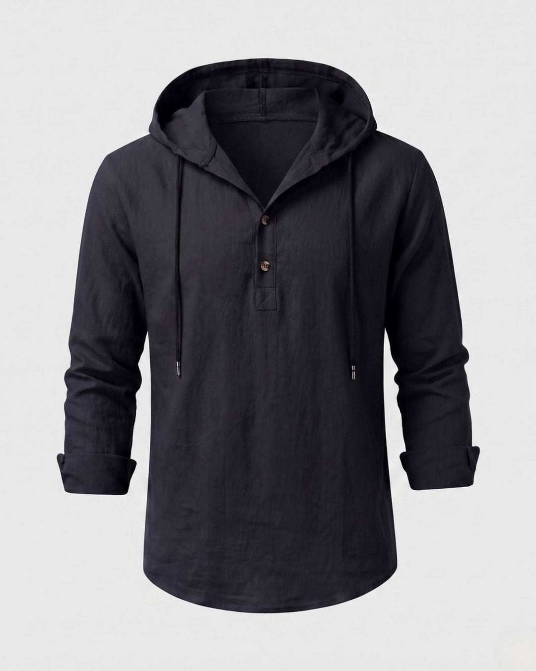 Men's Linen-Cotton Hooded Henley Shirt Relaxed Fit Long Sleeve - Black