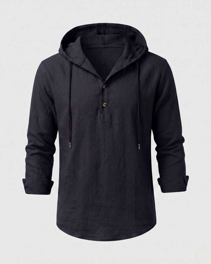 Men's Linen-Cotton Hooded Henley Shirt Relaxed Fit Long Sleeve - Black