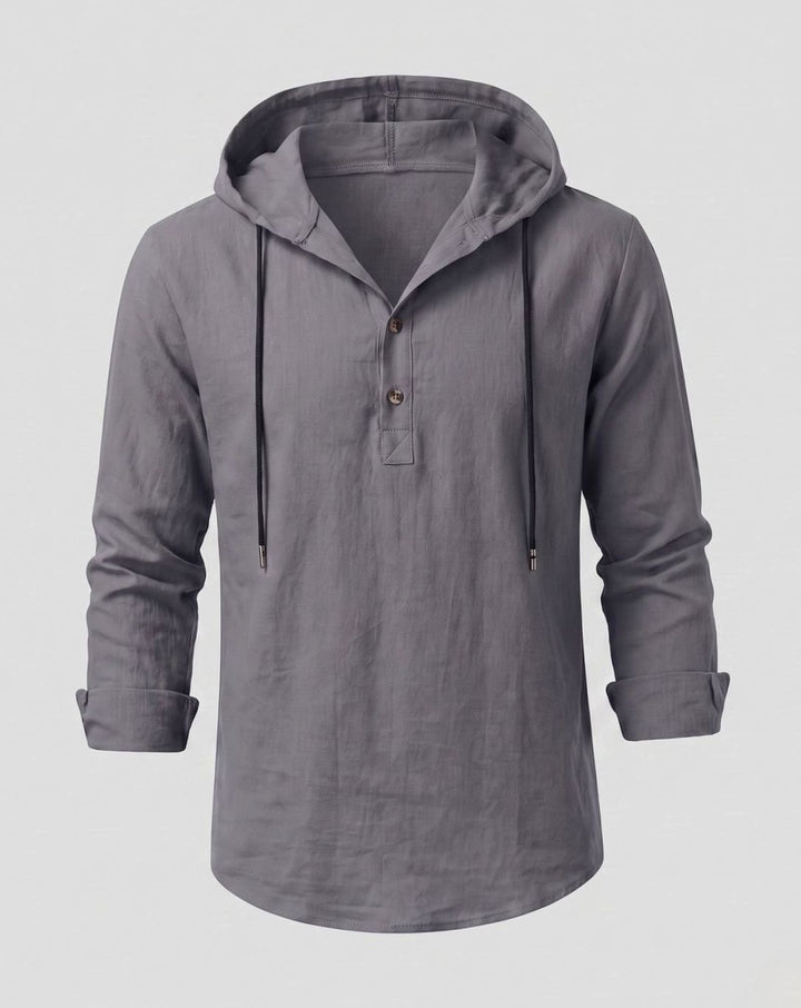 Men's Linen-Cotton Hooded Henley Shirt Relaxed Fit Long Sleeve - Gray