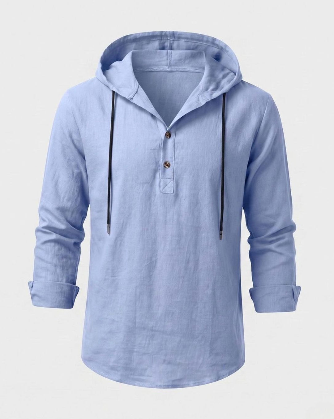 Men's Linen-Cotton Hooded Henley Shirt Relaxed Fit Long Sleeve - Light Blue