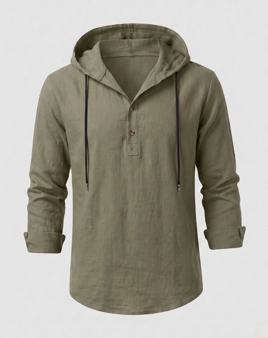 Men's Linen-Cotton Hooded Henley Shirt Relaxed Fit Long Sleeve - Olive Green