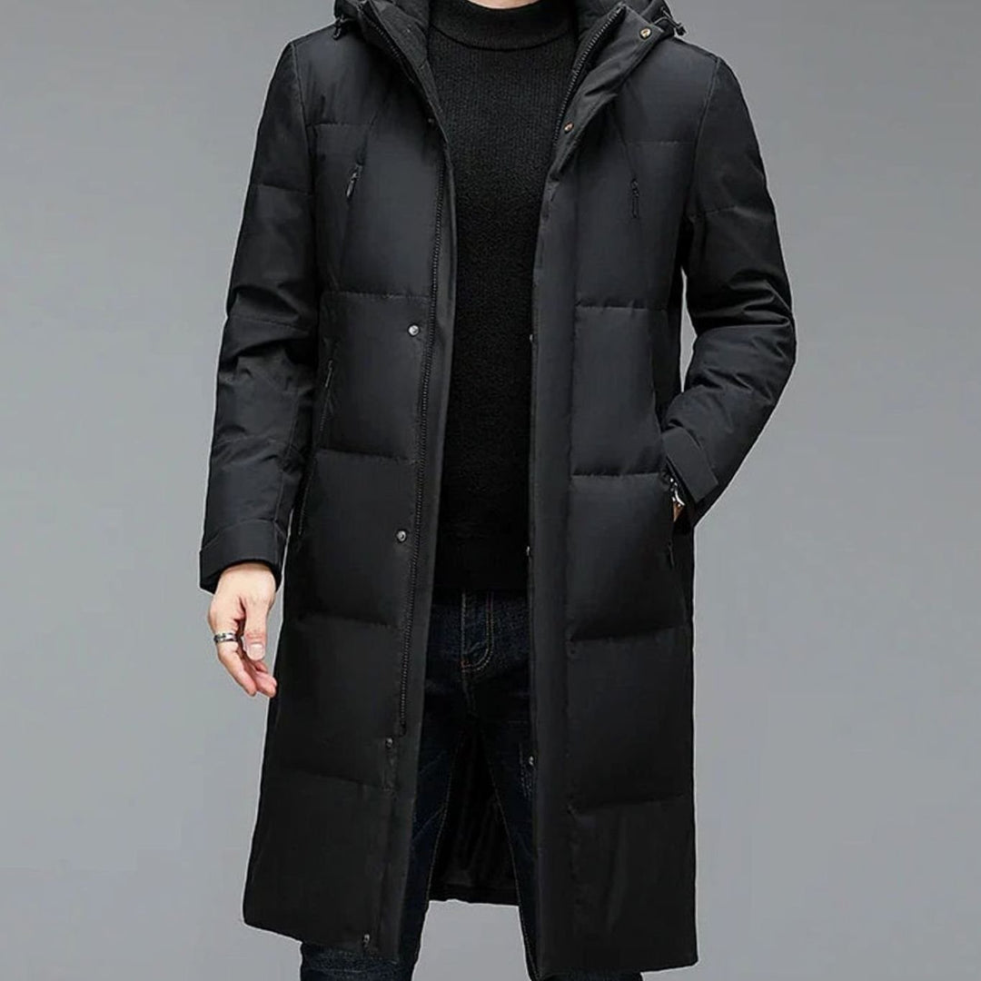 Men's Long Hooded Puffer Winter Coat Water-Resistant Down Parka - Black