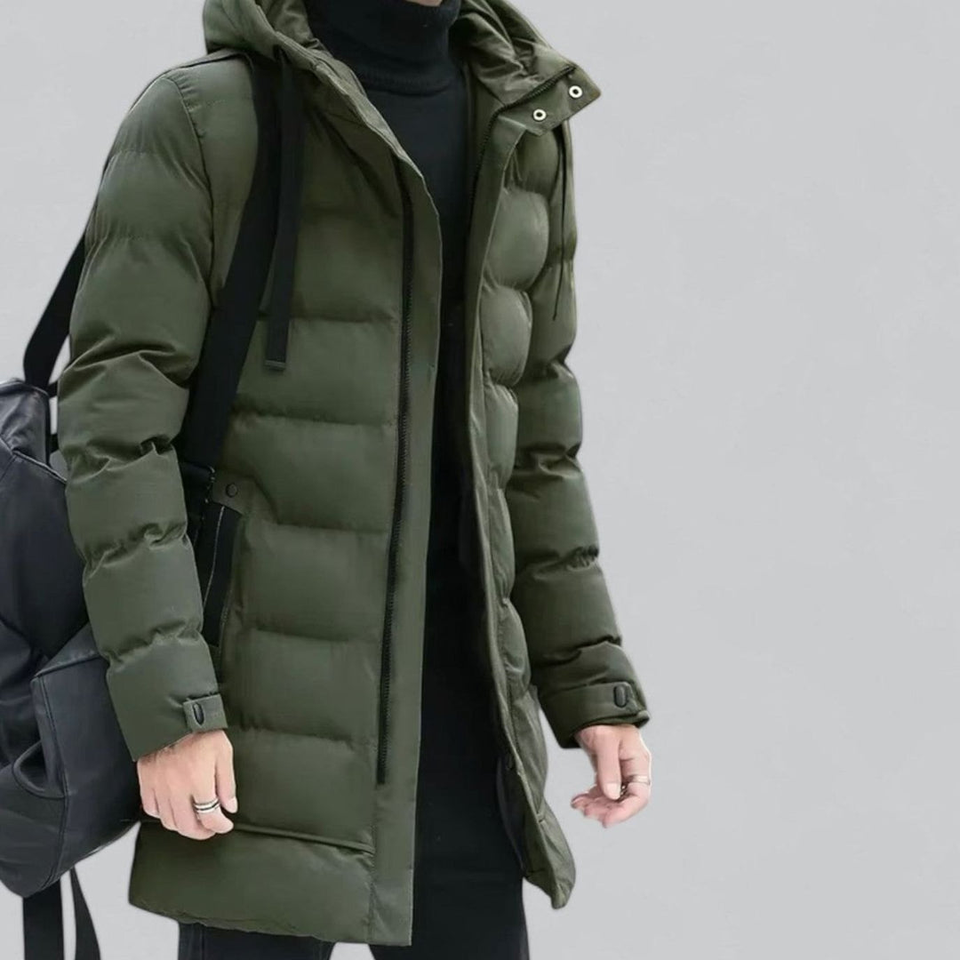 Men's Long Hooded Puffer Winter Coat Zip-Up Quilted Parka