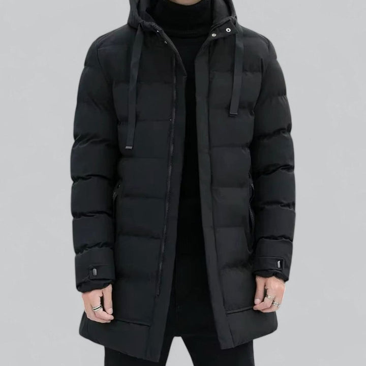 Men's Long Hooded Puffer Winter Coat Zip-Up Quilted Parka - Black
