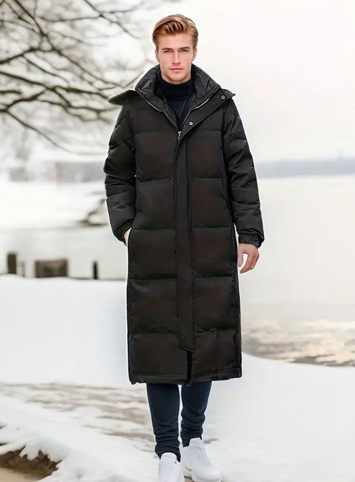 Men's Long Quilted Hooded Puffer Winter Coat, Black
