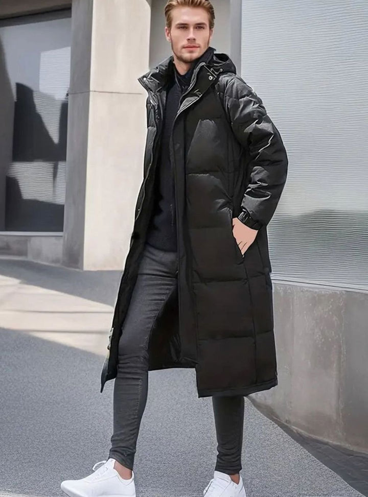 Men's Long Quilted Hooded Puffer Winter Coat, Black