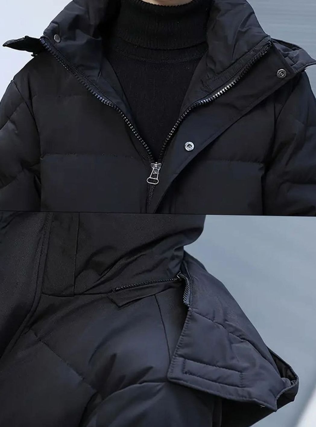 Men's Long Quilted Hooded Puffer Winter Coat, Black