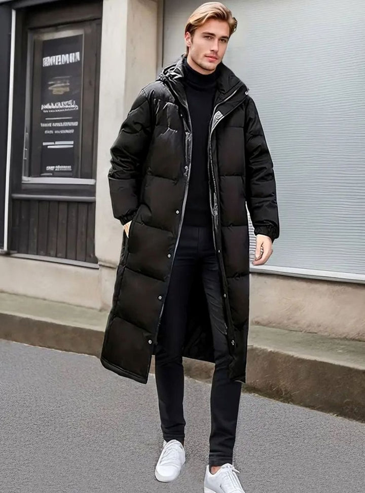 Men's Long Quilted Hooded Puffer Winter Coat, Black