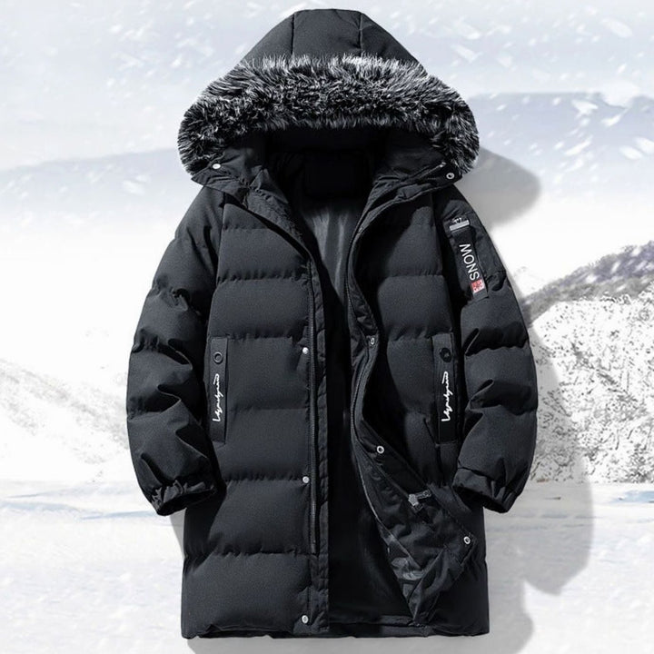 Men's Long Quilted Parka Faux Fur-Trim Hooded Winter Coat - Black