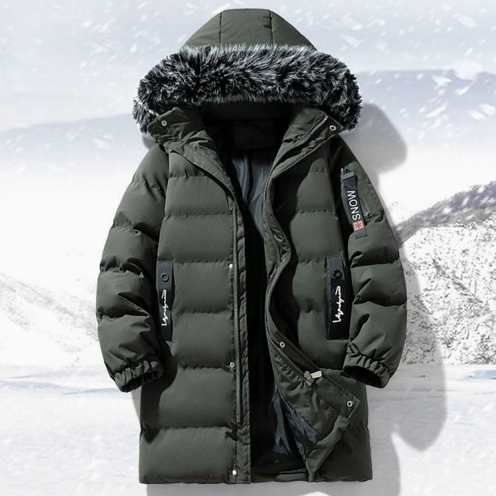 Men's Long Quilted Parka Faux Fur-Trim Hooded Winter Coat - Military Green