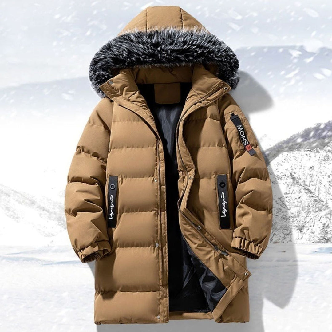 Men's Long Quilted Parka Faux Fur-Trim Hooded Winter Coat - Coffee
