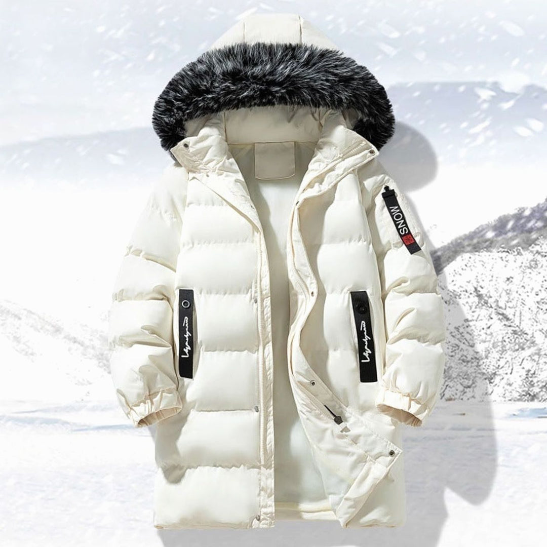 Men's Long Quilted Parka Faux Fur-Trim Hooded Winter Coat - Cream White