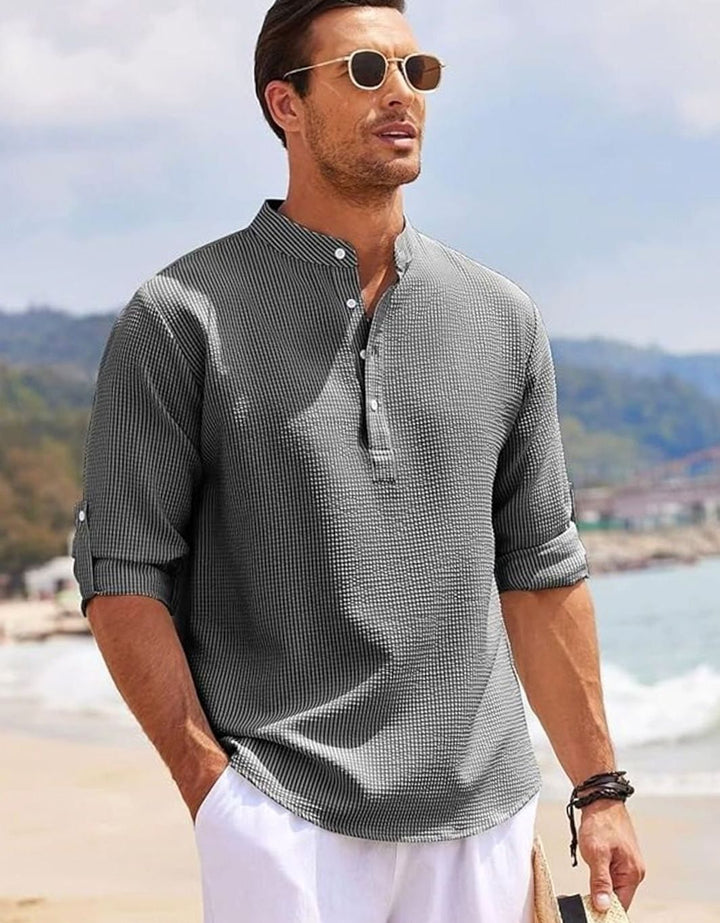 Men's Long Sleeve Band Collar Henley Shirt Roll-Up Sleeves - Gray