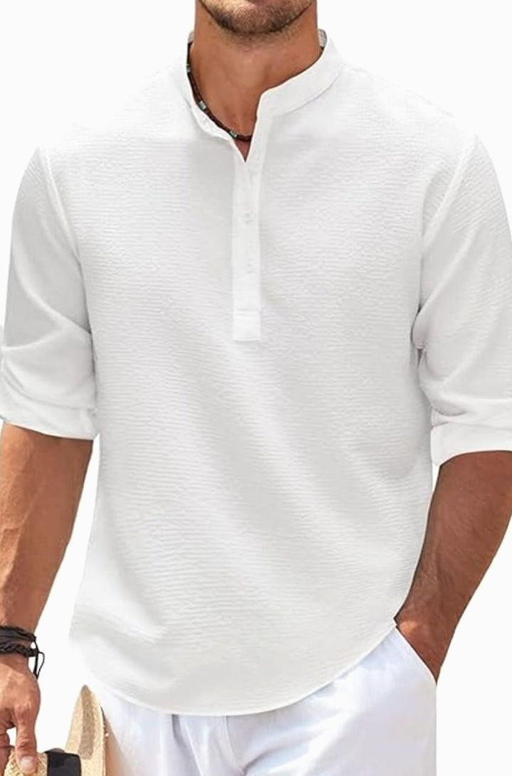 Men's Long Sleeve Band Collar Henley Shirt Roll-Up Sleeves - White