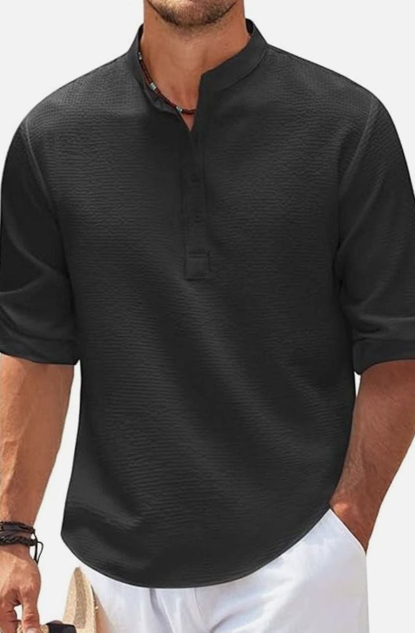 Men's Long Sleeve Band Collar Henley Shirt Roll-Up Sleeves - Black