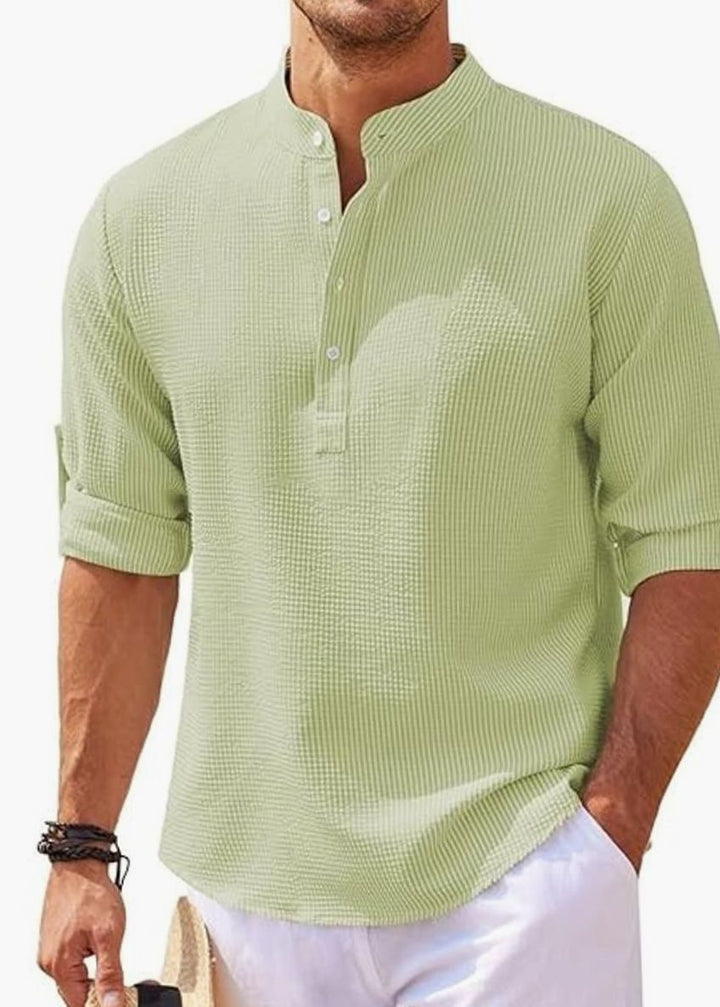 Men's Long Sleeve Band Collar Henley Shirt Roll-Up Sleeves - Light Green