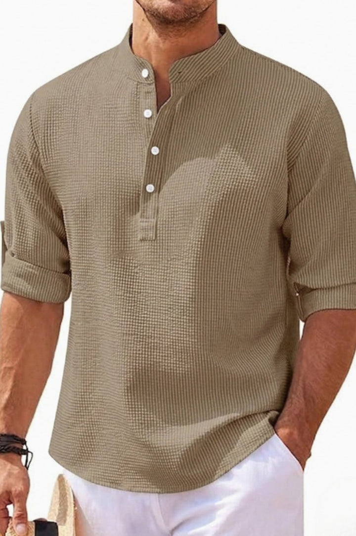Men's Long Sleeve Band Collar Henley Shirt Roll-Up Sleeves - Beige