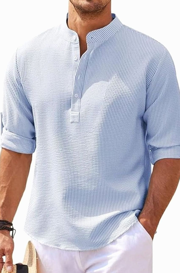 Men's Long Sleeve Band Collar Henley Shirt Roll-Up Sleeves - Blue