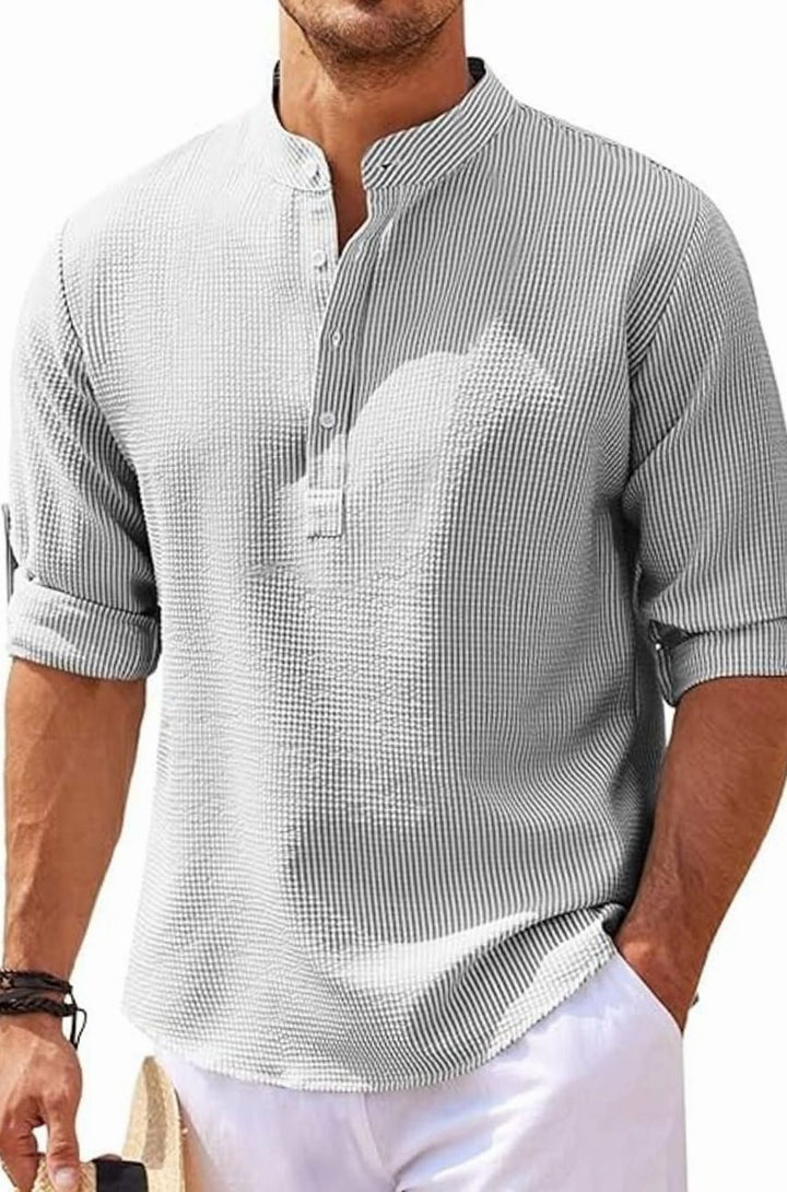 Men's Long Sleeve Band Collar Henley Shirt Roll-Up Sleeves - Light Gray