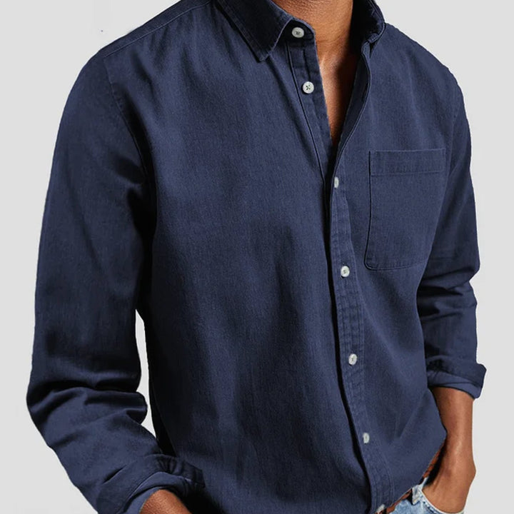 Men's Long Sleeve Button-Down Casual Shirt Chest Pocket - Navy Blue