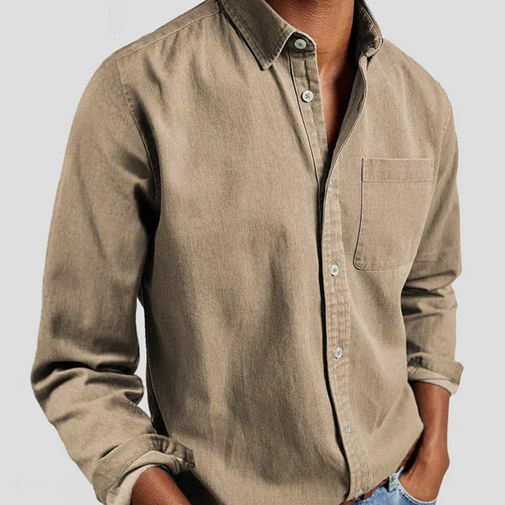 Men's Long Sleeve Button-Down Casual Shirt Chest Pocket - Khaki