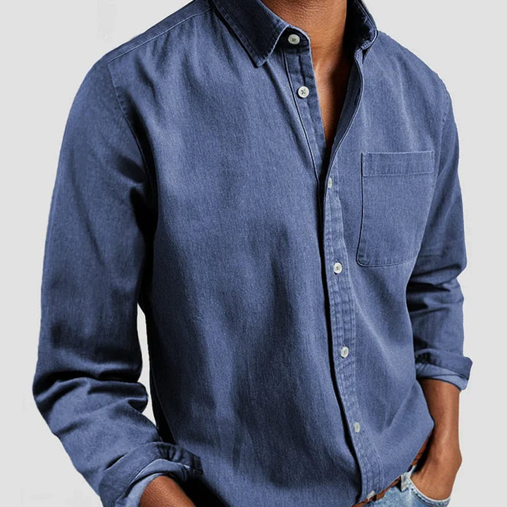 Men's Long Sleeve Button-Down Casual Shirt Chest Pocket - Blue