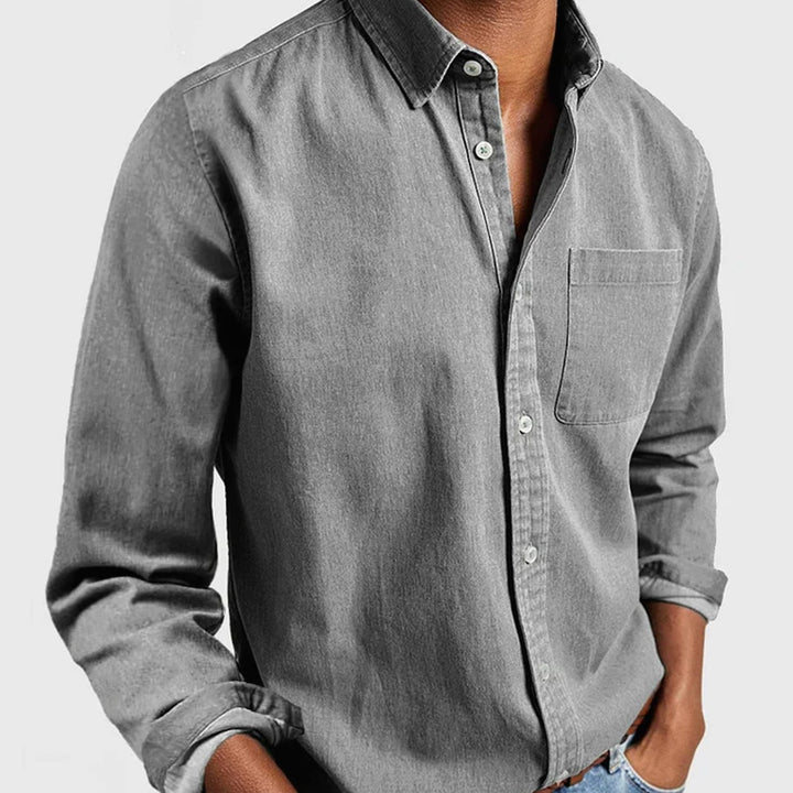 Men's Long Sleeve Button-Down Casual Shirt Chest Pocket - Gray