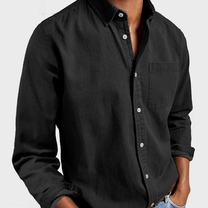 Men's Long Sleeve Button-Down Casual Shirt Chest Pocket - Black