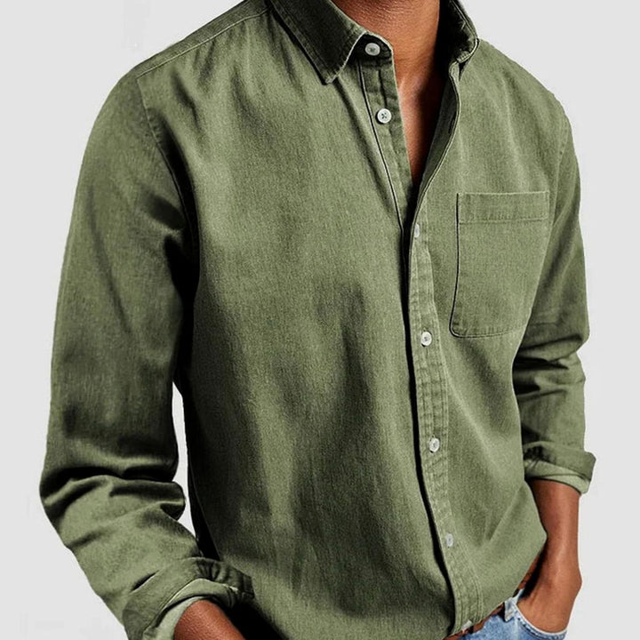 Men's Long Sleeve Button-Down Casual Shirt Chest Pocket - Green