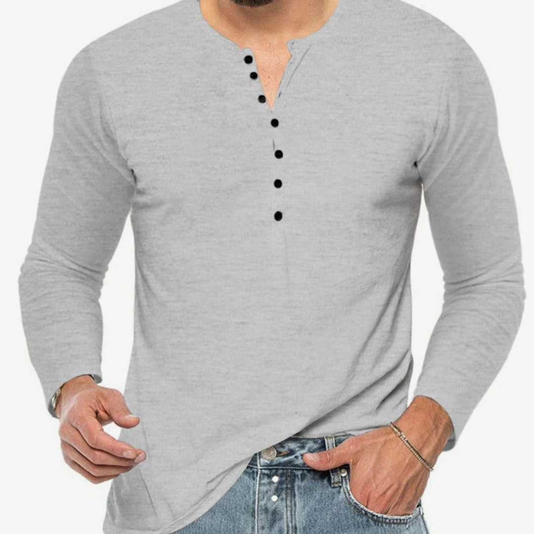 Men's Long Sleeve Cotton Blend Henley Shirt Button Placket - Light Gray