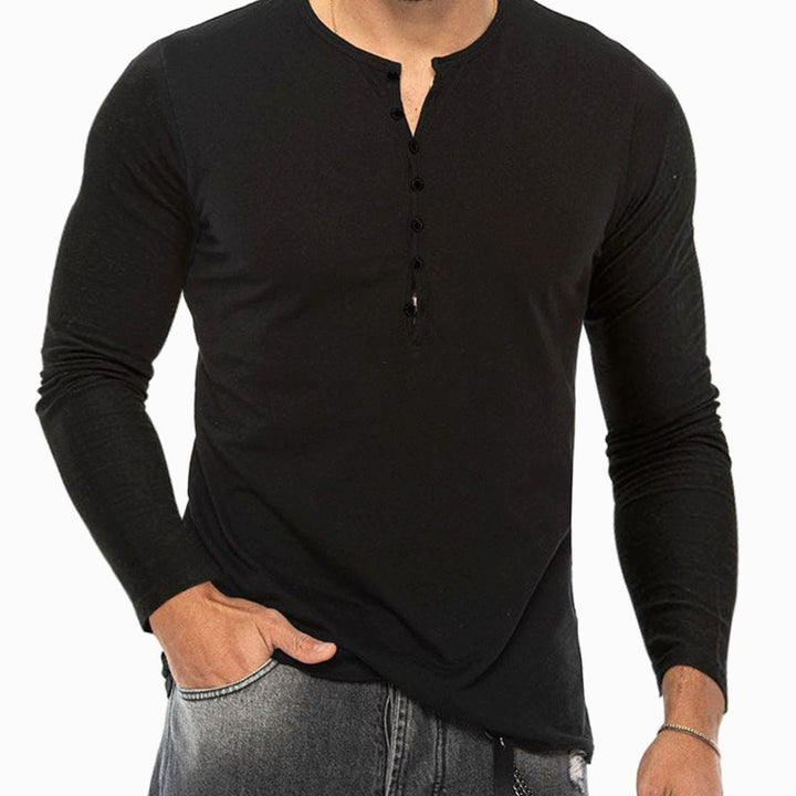 Men's Long Sleeve Cotton Blend Henley Shirt Button Placket - Black
