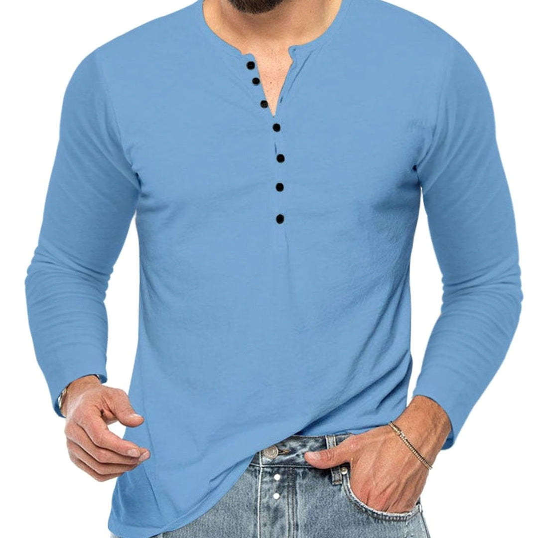 Men's Long Sleeve Cotton Blend Henley Shirt Button Placket - Light Blue