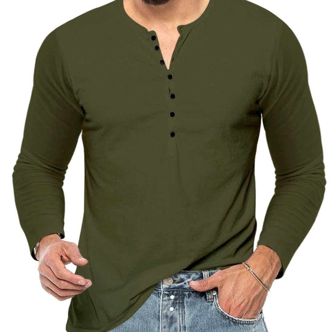 Men's Long Sleeve Cotton Blend Henley Shirt Button Placket - Olive Green