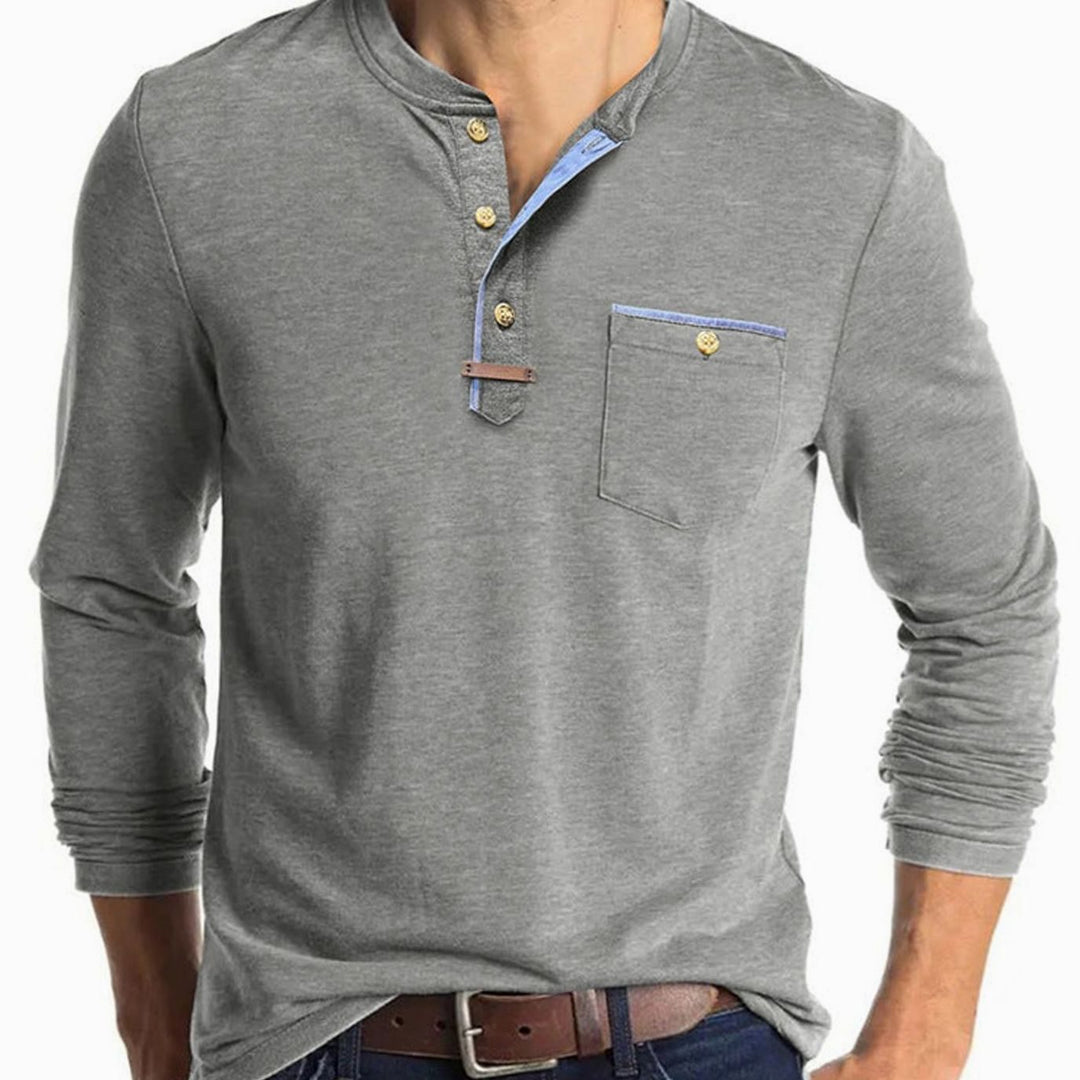 Men's Long Sleeve Cotton Henley Shirt Contrast Detail Chest Pocket - Light Gray