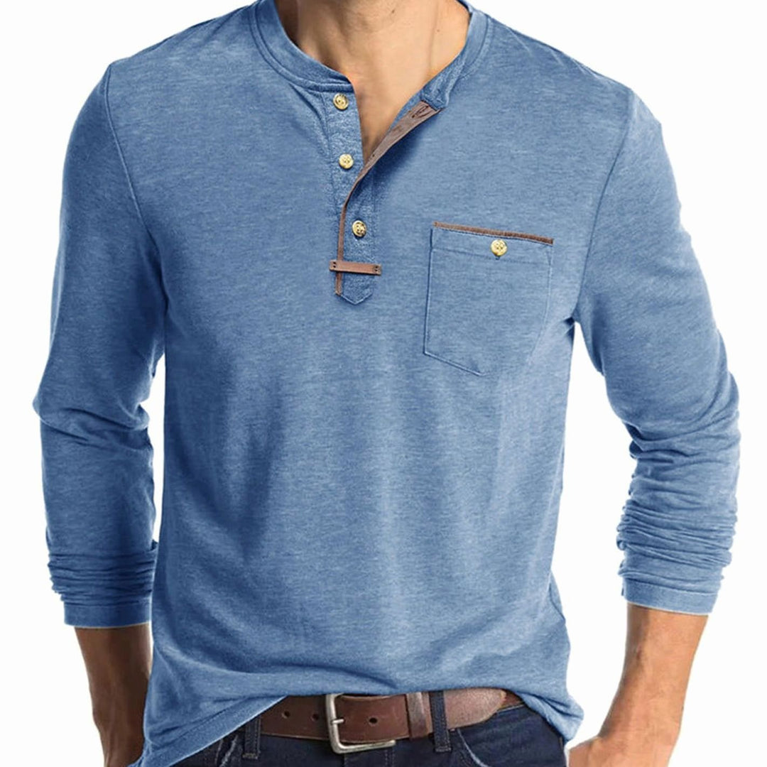 Men's Long Sleeve Cotton Henley Shirt Contrast Detail Chest Pocket - Light Blue