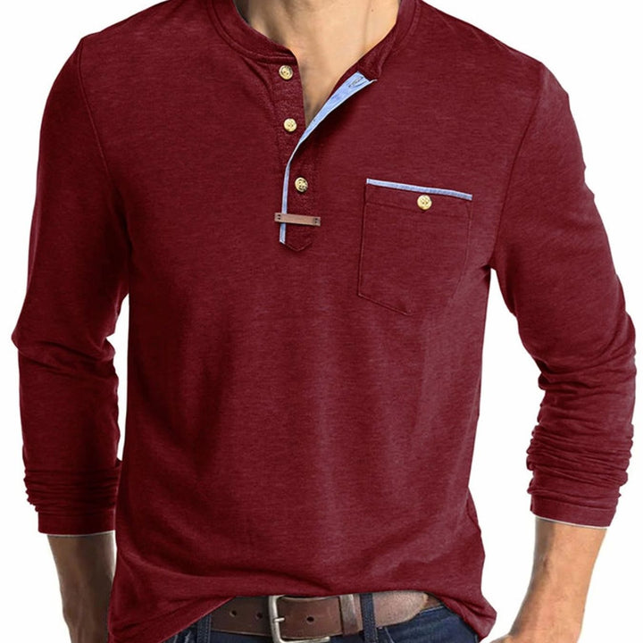 Men's Long Sleeve Cotton Henley Shirt Contrast Detail Chest Pocket - Burgundy