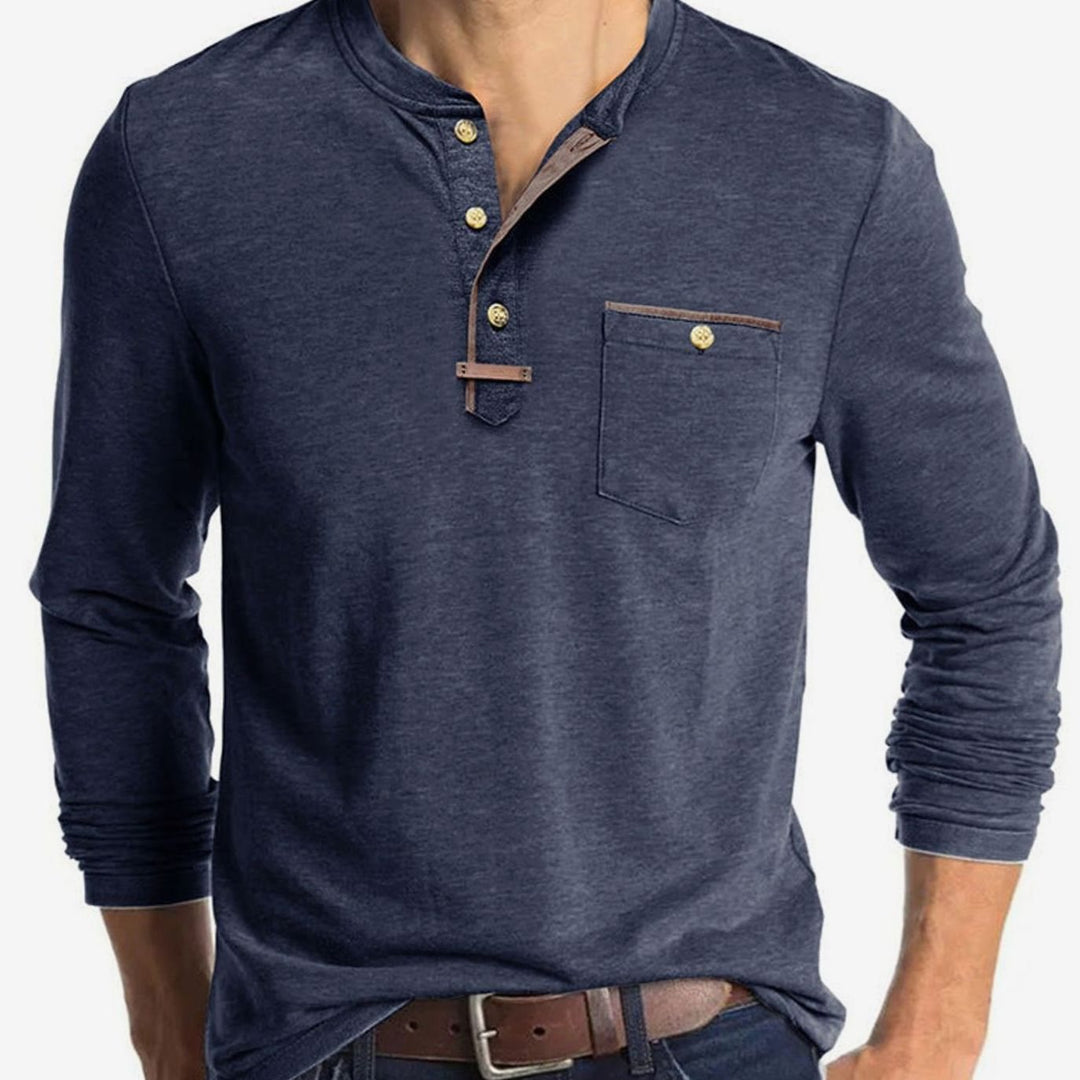 Men's Long Sleeve Cotton Henley Shirt Contrast Detail Chest Pocket - Navy Blue