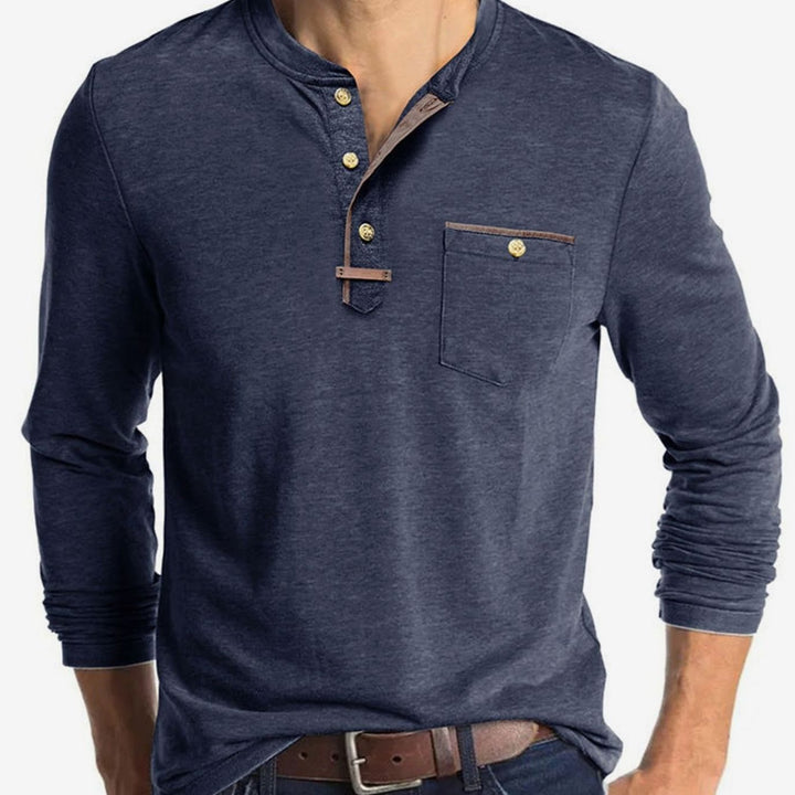 Men's Long Sleeve Cotton Henley Shirt Contrast Detail Chest Pocket - Navy Blue
