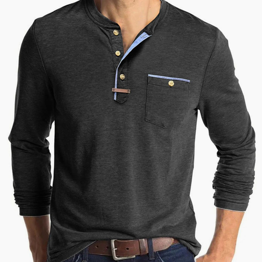 Men's Long Sleeve Cotton Henley Shirt Contrast Detail Chest Pocket - Dark Gray