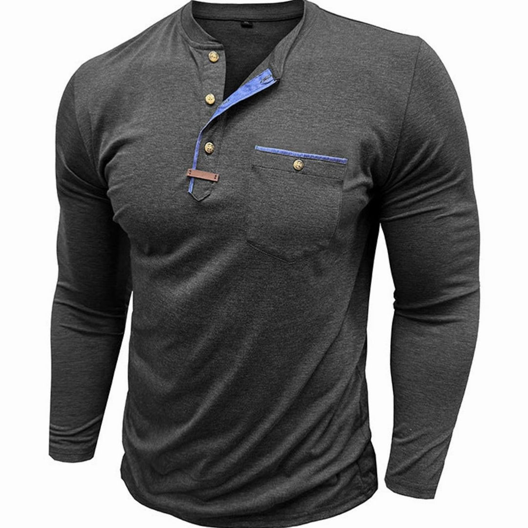 Men's Long Sleeve Cotton Henley Shirt Contrast Detail Chest Pocket