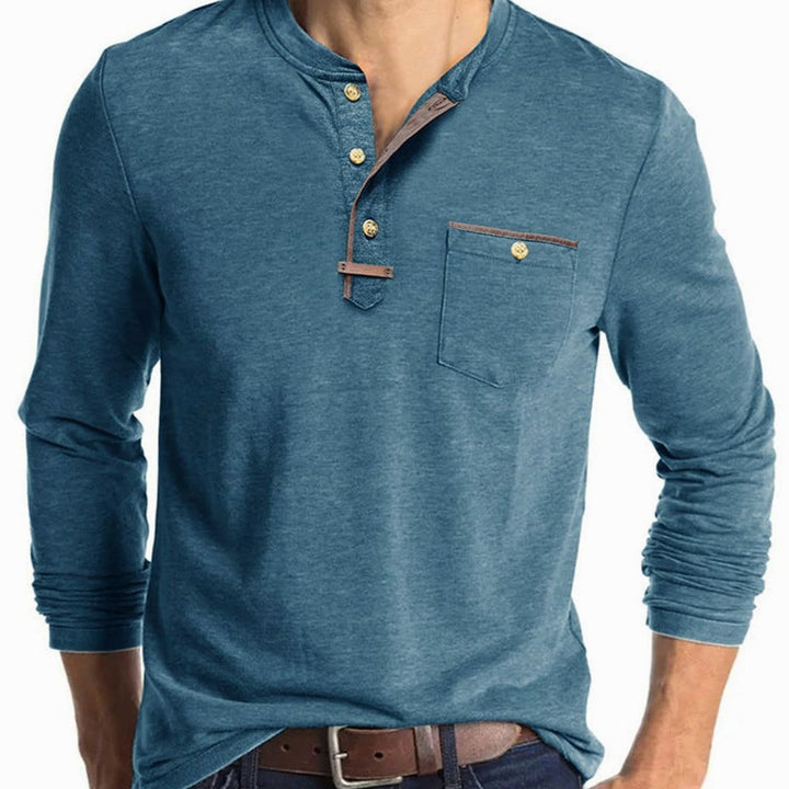 Men's Long Sleeve Cotton Henley Shirt Contrast Detail Chest Pocket - Blue