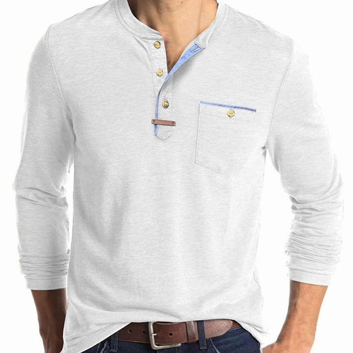 Men's Long Sleeve Cotton Henley Shirt Contrast Detail Chest Pocket - White
