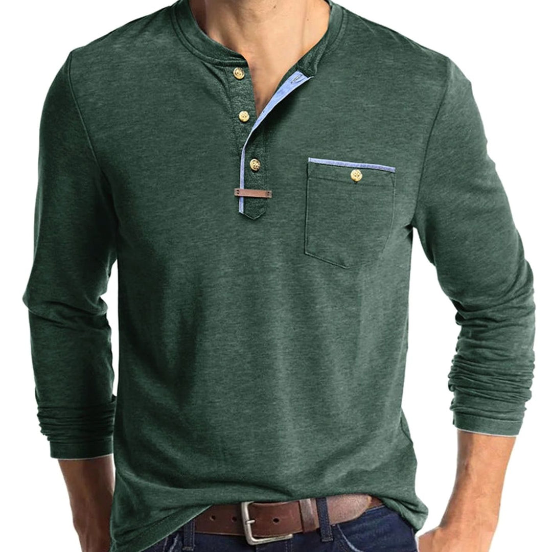 Men's Long Sleeve Cotton Henley Shirt Contrast Detail Chest Pocket - Green
