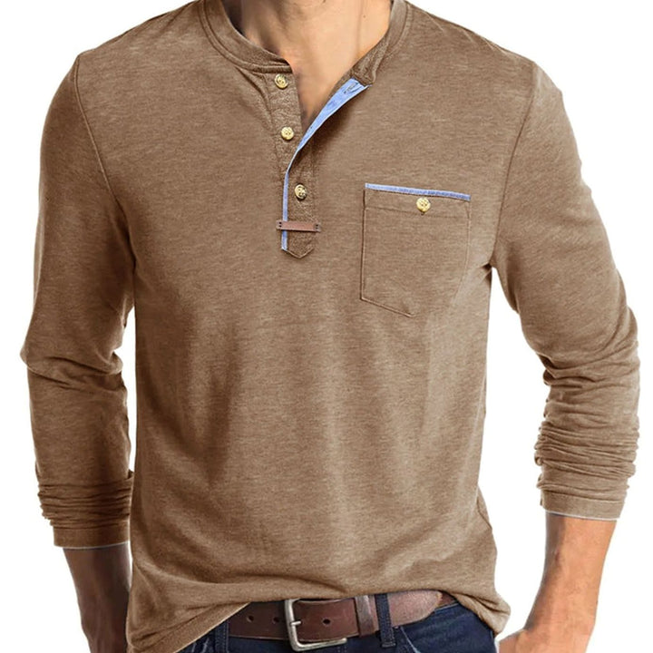 Men's Long Sleeve Cotton Henley Shirt Contrast Detail Chest Pocket - Beige