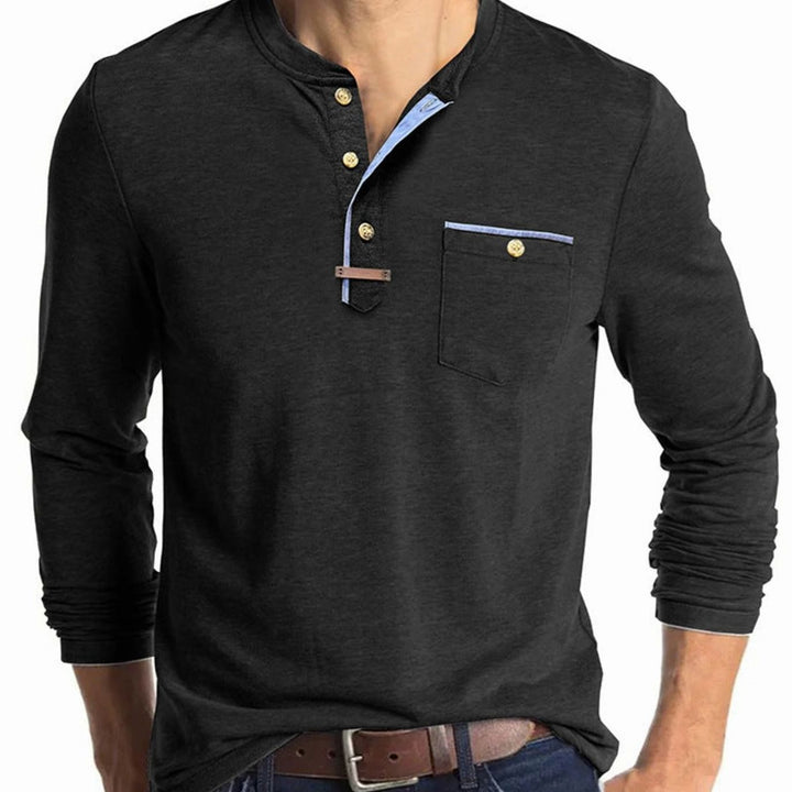 Men's Long Sleeve Cotton Henley Shirt Contrast Detail Chest Pocket - Black