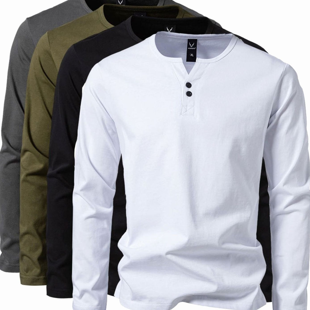 Men's Long Sleeve Cotton Henley Shirt Slim Fit Button Placket