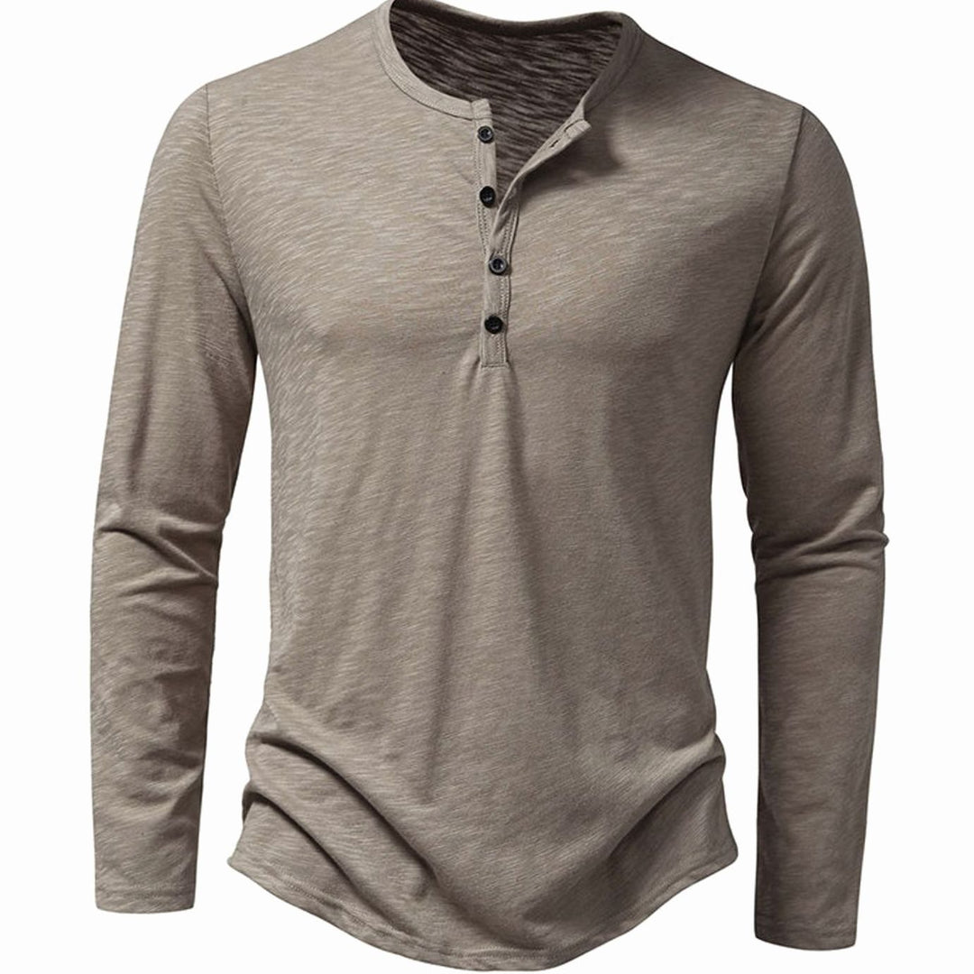 Men's Long Sleeve Cotton Henley Shirt Slim-Fit Button Placket - Khaki