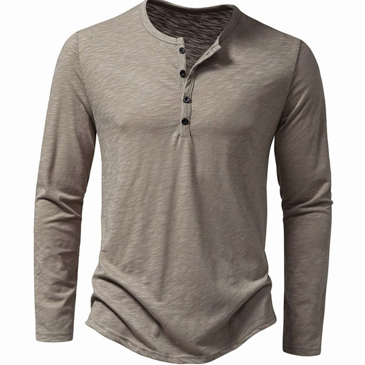 Men's Long Sleeve Cotton Henley Shirt Slim-Fit Button Placket - Khaki