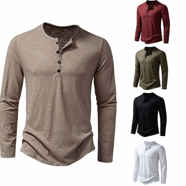 Men's Long Sleeve Cotton Henley Shirt Slim-Fit Button Placket